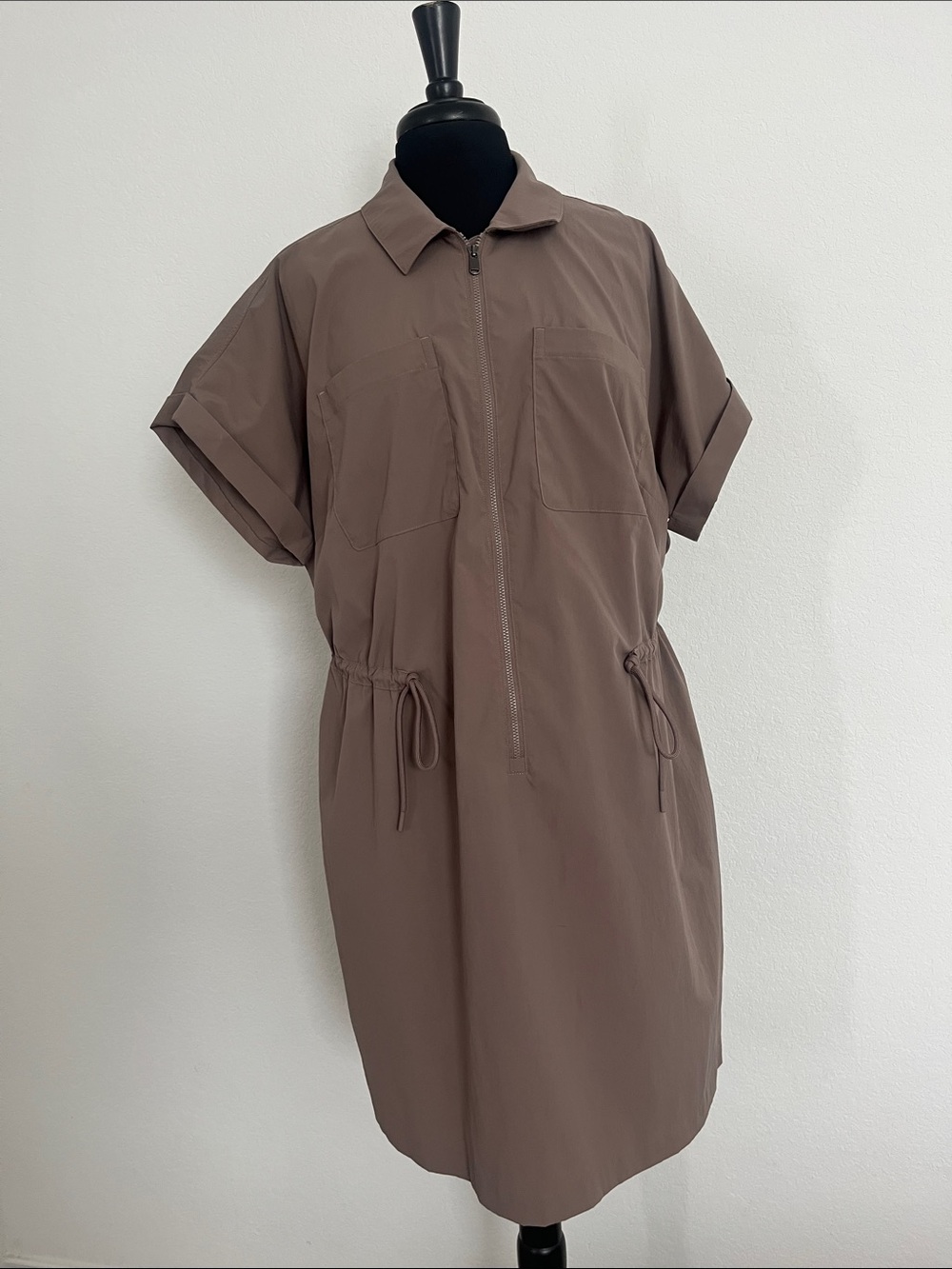 Athleta Taupe Zip-Front Shirt Dress with Drawstring Waist